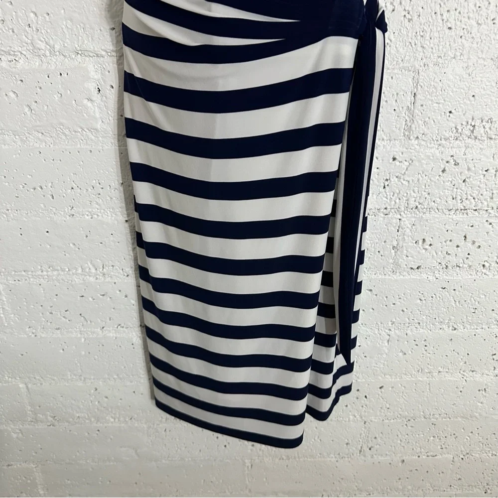 LRL Ralph Lauren Womens Dress 10 Blue White Stripe Cap Sleeve Ruched Stretch K19 - Picture 3 of 6